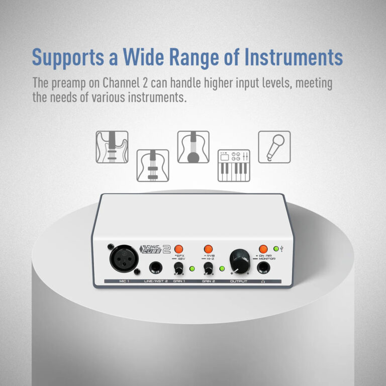 Audio interface on a table with icons for guitar, bass, keyboard, and microphone above, indicating support for many instruments. ขายราคาพิเศษ
