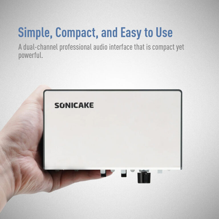 Hand holding a white, compact audio interface branded SONICAKE with the banner text 'Simple, Compact, and Easy to Use' above it. ขายราคาพิเศษ