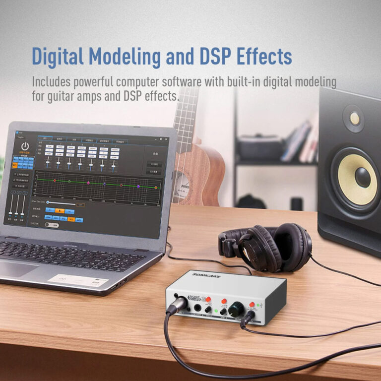 Laptop displaying DSP guitar amp modeling software on a desk with headphones, a studio monitor, and an audio interface nearby. ขายราคาพิเศษ