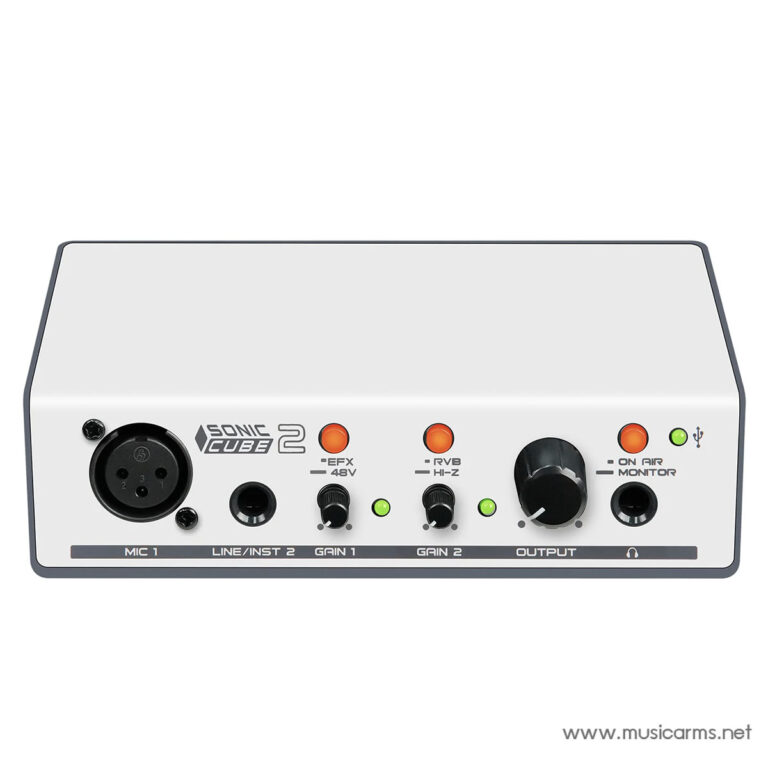 Front panel of a Sonic Cube 2 audio interface: XLR mic input, line/inst input, gain knobs, and output control with level LEDs (headphone jack on right). ขายราคาพิเศษ