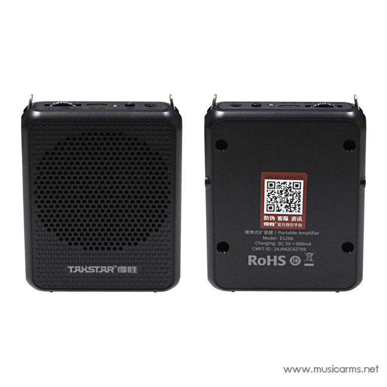 Pair of small black portable speakers, front view (left) with perforated grille and brand label, and rear view (right) showing QR code and labels behind. ขายราคาพิเศษ