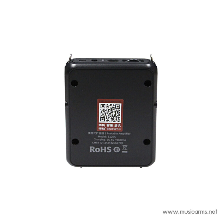 Back view of a small black portable amplifier with a red QR code sticker and RoHS markings on the casing ขายราคาพิเศษ