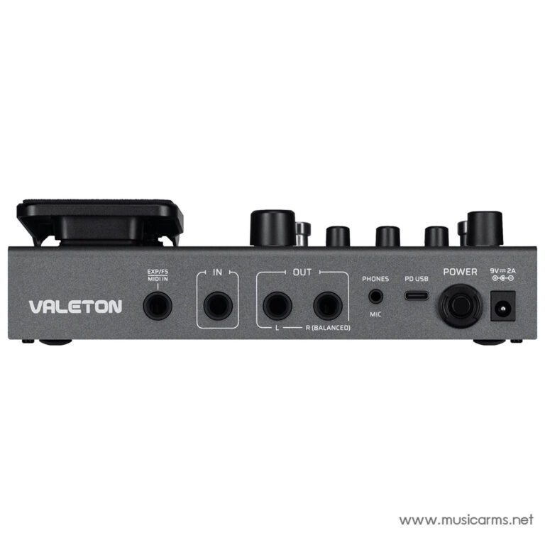 Back panel of a Valeton audio interface showing IN and OUT 1/4