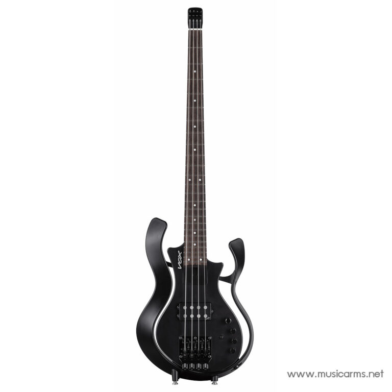 Black electric bass guitar with a double-cutaway body and chrome hardware, facing forward on a white background. ขายราคาพิเศษ