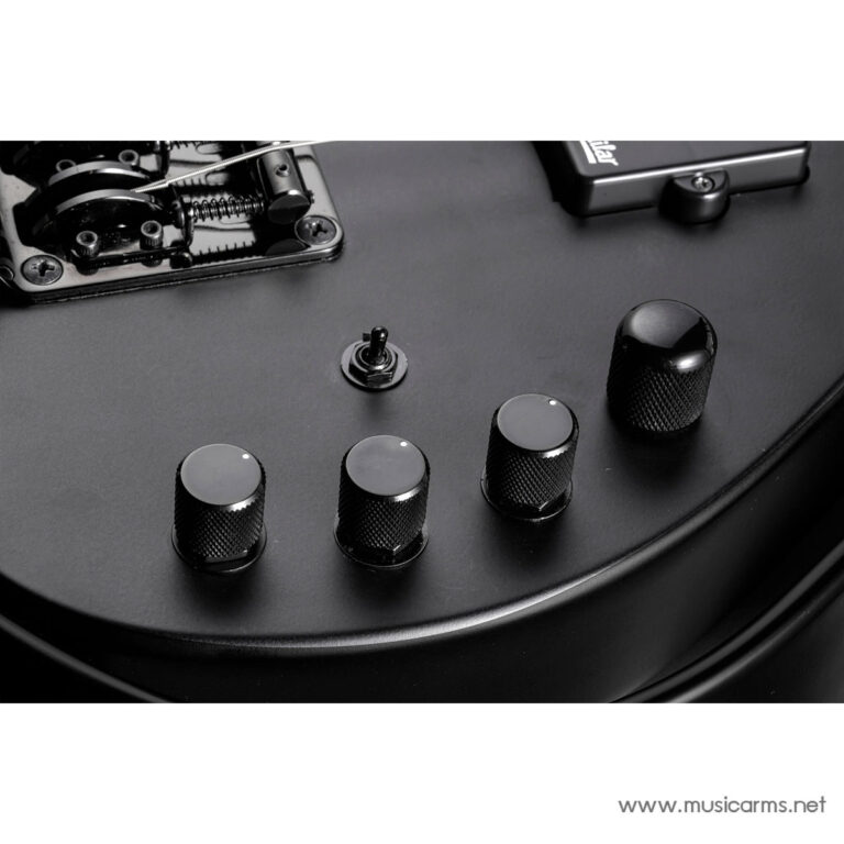 Close-up of a black electric guitar body showing four knurled control knobs and a pickup toggle switch near the bridge. ขายราคาพิเศษ