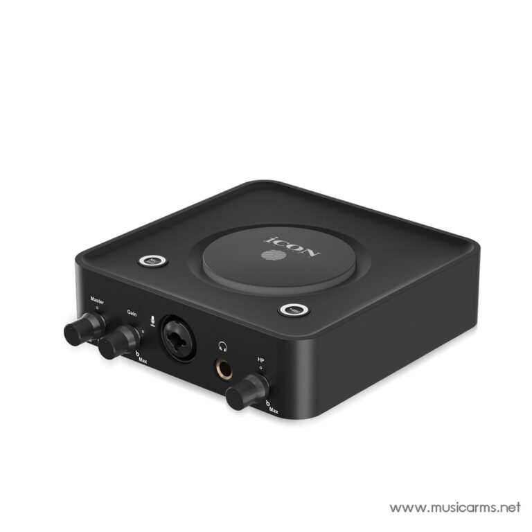 Black audio interface with a large round top dial; front panel has gain/ Master knobs, an XLR/¼