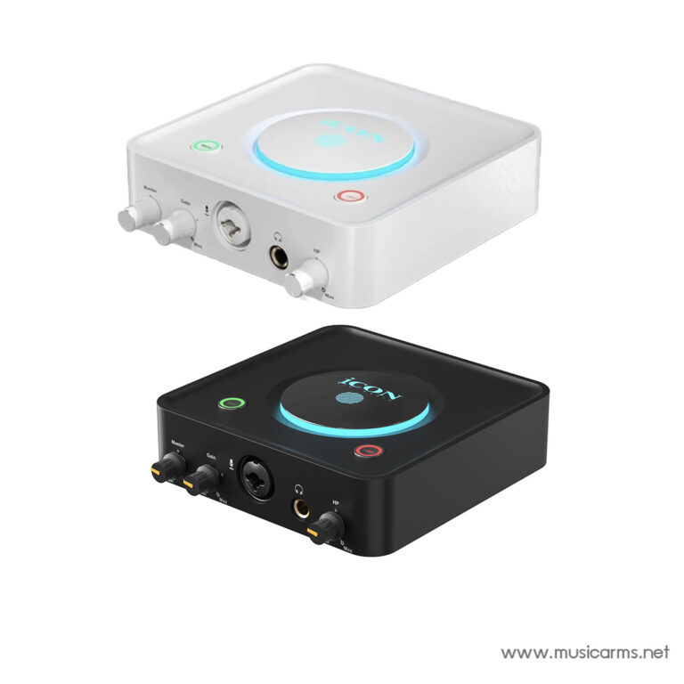 Two compact USB audio interfaces, white and black, each with large blue-lit top knob and front-panel gain controls and jacks. ขายราคาพิเศษ