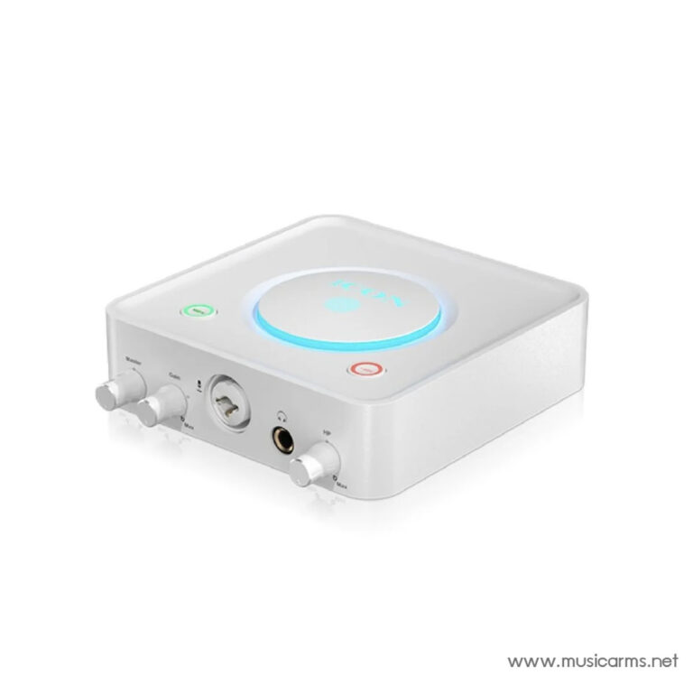 White compact headphone amplifier with a glowing blue ring on top and front-panel volume knobs and a headphone jack on the right side of the panel. ขายราคาพิเศษ