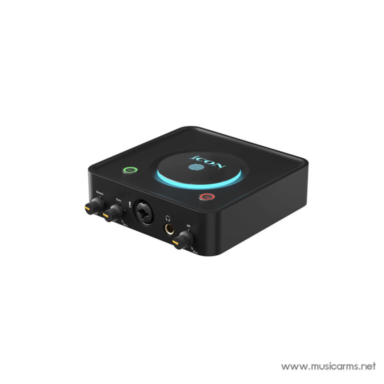 Compact black USB audio interface with a blue-ring illuminated top dial and brand logo, front-panel knobs and input jacks. ขายราคาพิเศษ