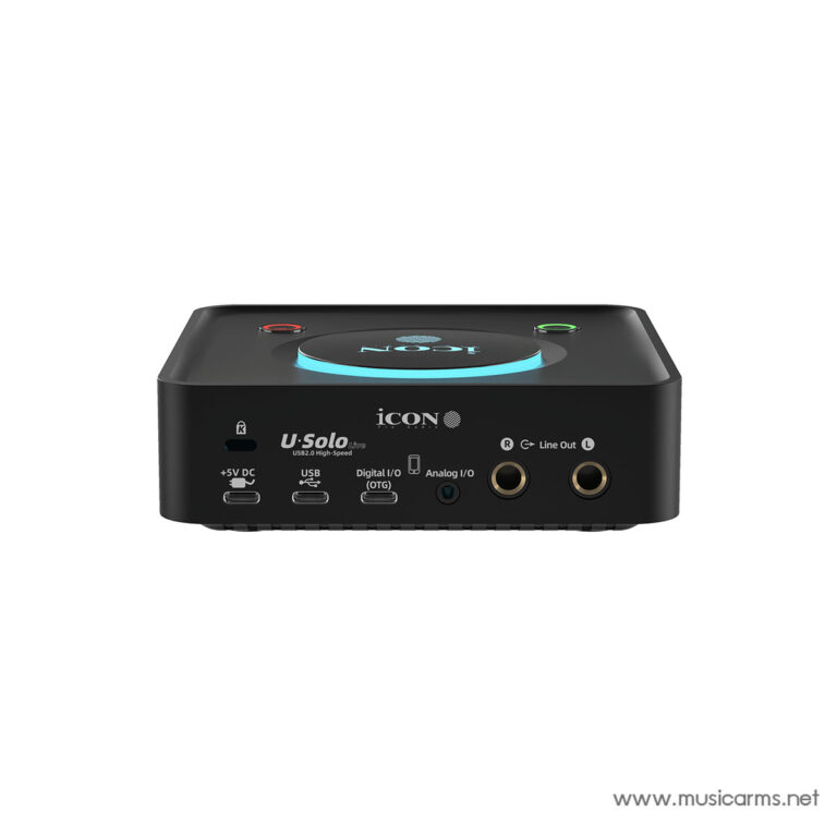 Front view of a black ICON U Solo USB audio interface with a blue glowing ring on top and ports labeled +5V DC, USB, Digital I/O, Analog I/O, and Line Out on the side panel, used for recording. ขายราคาพิเศษ