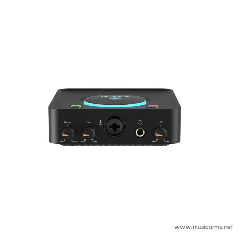 Compact black audio interface with a glowing blue top dial and front-panel knobs (Master, Gain, HP) and a microphone input with headphone jack. ขายราคาพิเศษ