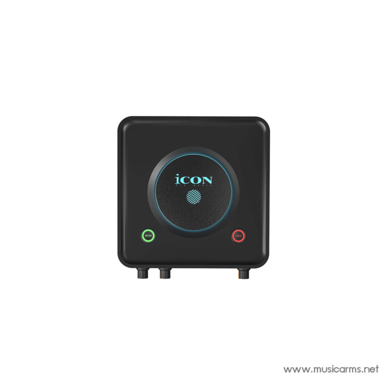 Black square speaker/amplifier with a blue-ringed central speaker, ICON logo, and green 'ON' button beside a red power button on a dark panel. ขายราคาพิเศษ