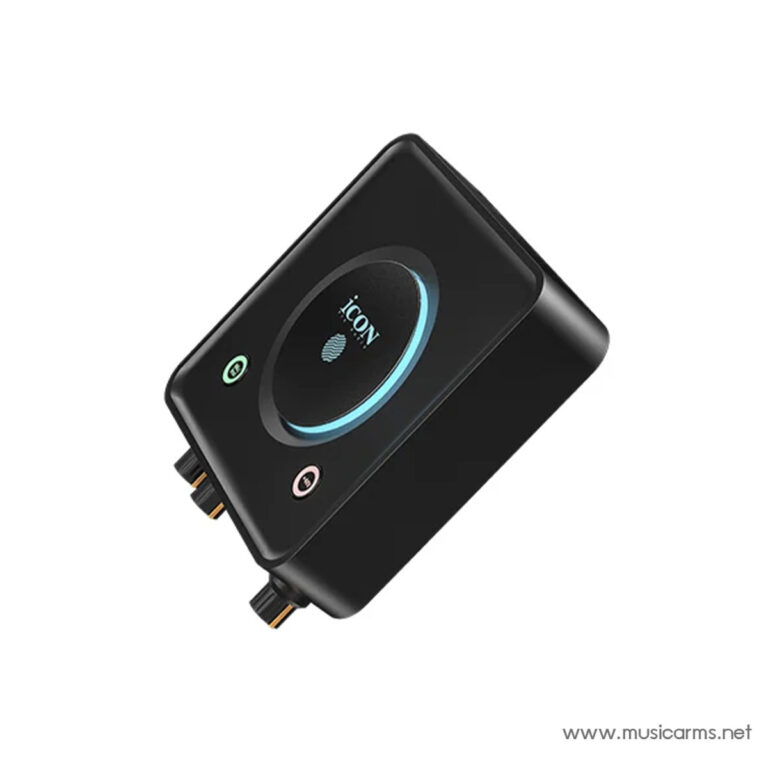 Black wireless audio transmitter with a blue illuminated ring and port connectors on one edge, shown at an angle. ขายราคาพิเศษ