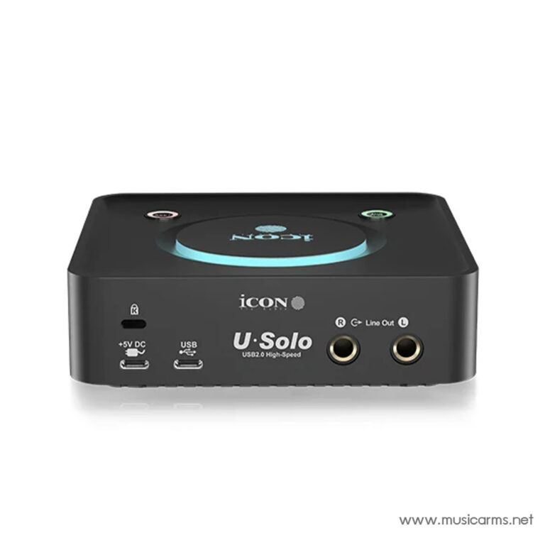 USB audio interface: ICON U•Solo with a glowing blue top knob and front-panel ports (USB, 5V DC, Line Out) on a black enclosure. ขายราคาพิเศษ
