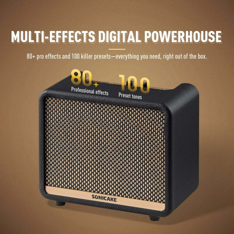 Sonicake guitar amplifier with black body and woven grille, showcasing 80+ effects and 100 preset tones against a brown backdrop. ขายราคาพิเศษ