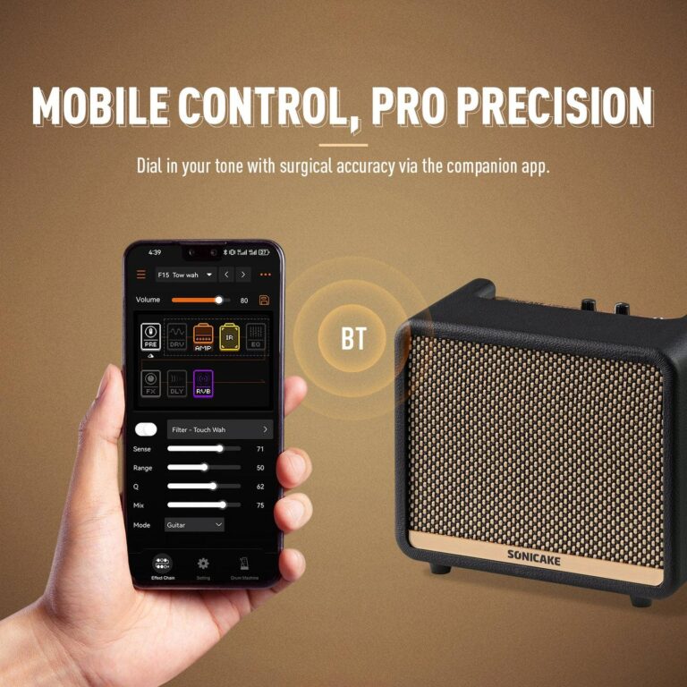 Smartphone with a guitar-amp app open, showing tone controls beside a Bluetooth-enabled speaker. ขายราคาพิเศษ
