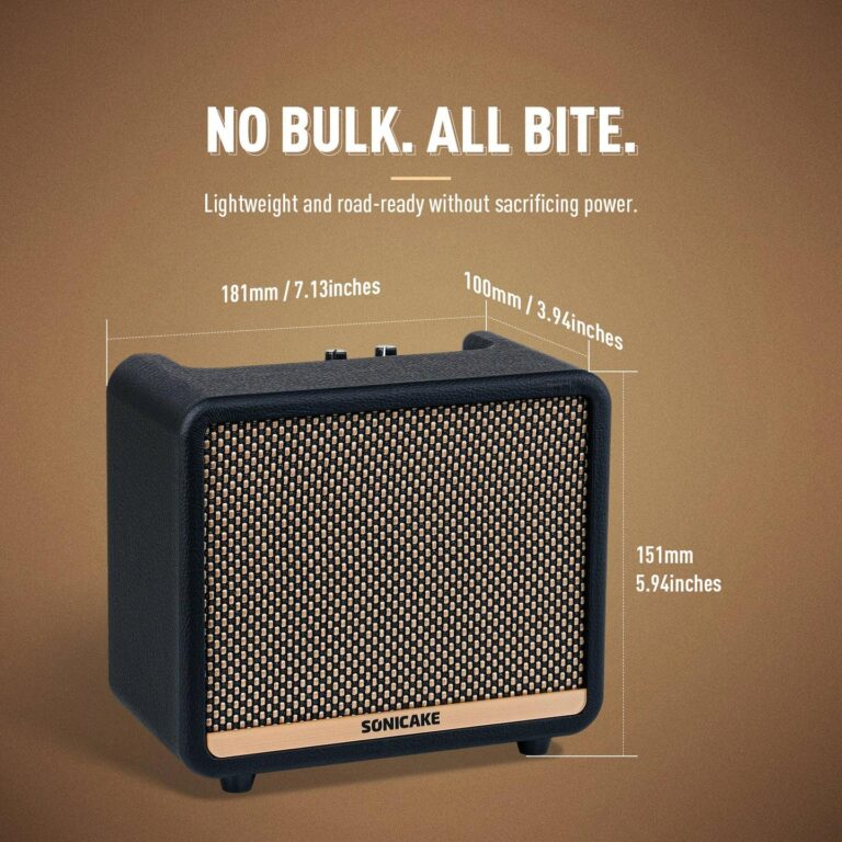 Blue compact speaker with a woven grille and dimension labels (181 mm wide, 100 mm deep, 151 mm tall). ขายราคาพิเศษ