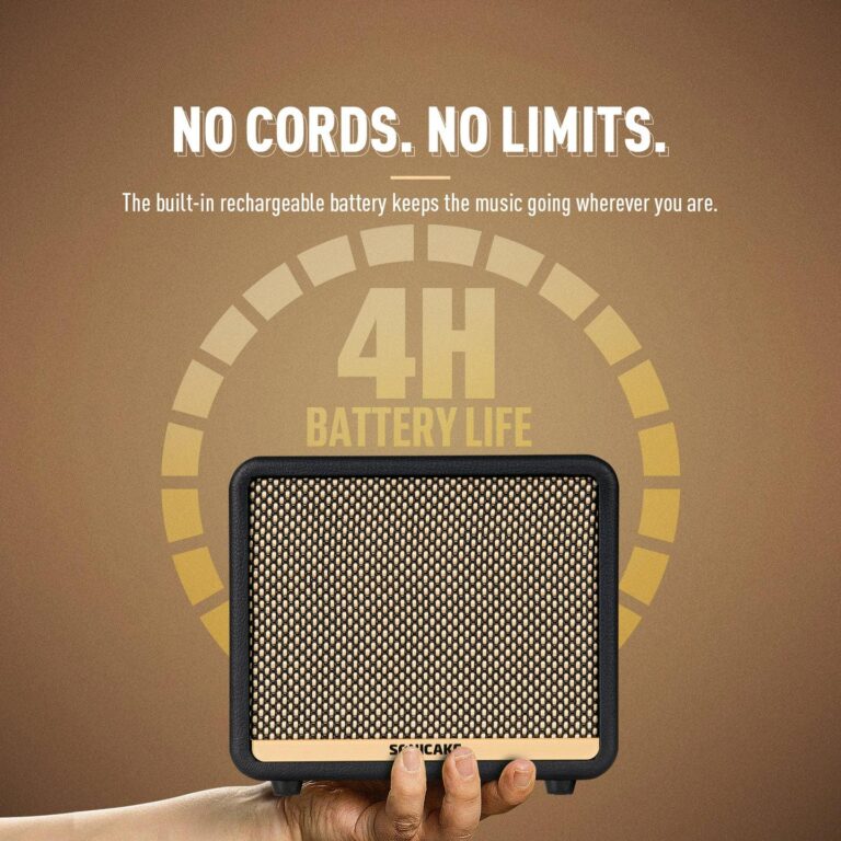 Hand-held compact speaker in front of a warm brown backdrop; headline proclaims no cords, no limits, with 4H battery life graphic and battery circle. ขายราคาพิเศษ