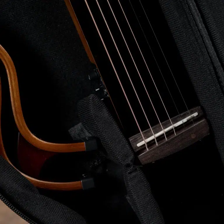 Close-up of guitar strings and bridge inside a padded case. ขายราคาพิเศษ