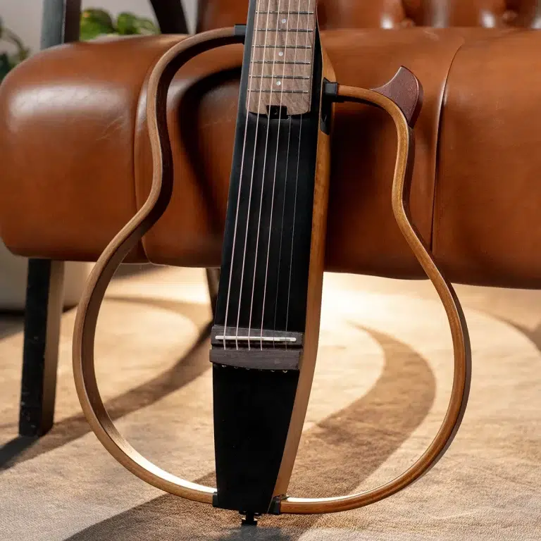 A wooden string instrument with a circular looped body around the neck, resting on a beige carpet in a living room. ขายราคาพิเศษ