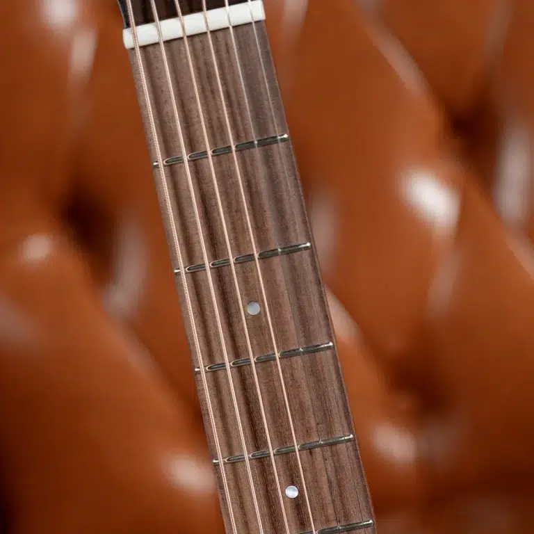 Close-up of a guitar neck showing frets, strings, and fret markers on brown wood. ขายราคาพิเศษ