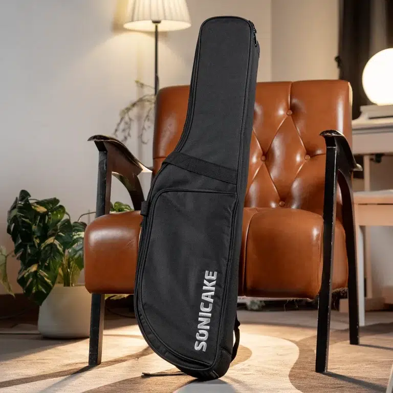 Black padded guitar case standing upright next to a brown leather chair in a living room, brand name Sonicake visible on the case. ขายราคาพิเศษ