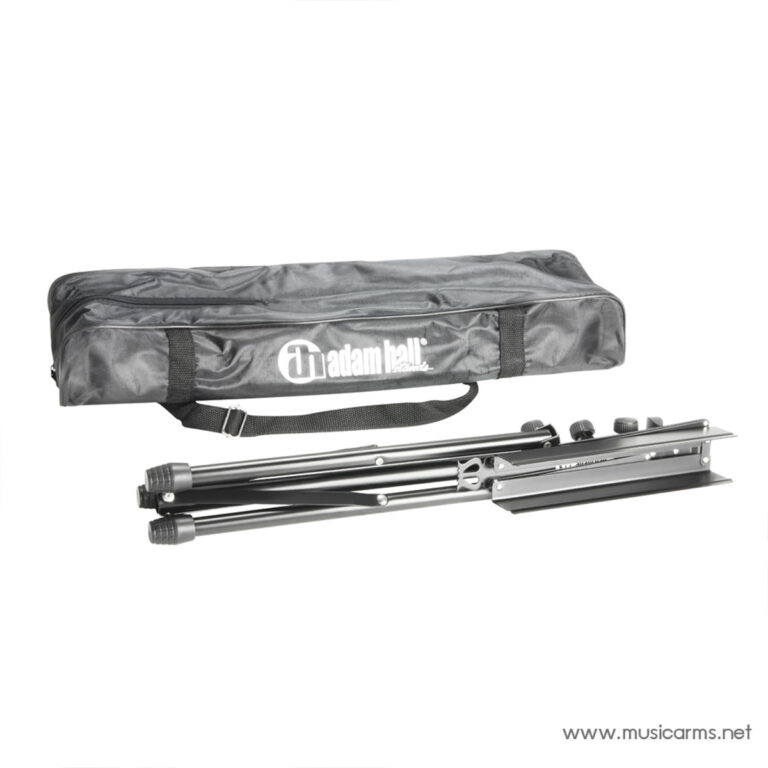 Folded metal stand (tripod) beside a gray Adam Hall carry bag for transport of lighting or microphone stands. ขายราคาพิเศษ