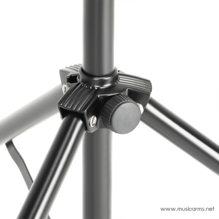 Close-up of a black tripod joint with a knurled adjustment knob and screws securing the legs. ขายราคาพิเศษ