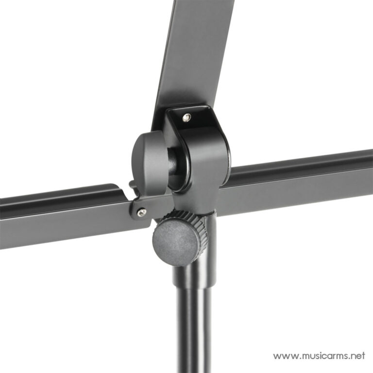 Close-up of an adjustable joint with a black knob on a metal music stand, showing the tilt hinge and tightening screw. ขายราคาพิเศษ