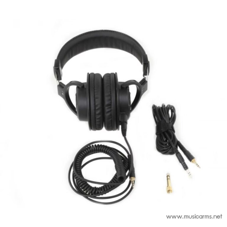 Black over-ear headphones with a padded headband and attached coiled cable, plus spare 3.5 mm adapters nearby on a white background. ขายราคาพิเศษ