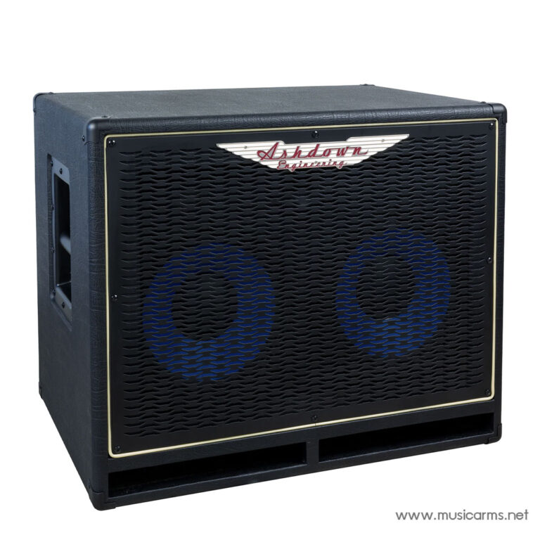 Ashdown Engineering guitar amplifier cabinet with a black metal grille and blue speaker cones visible behind the mesh. ขายราคาพิเศษ