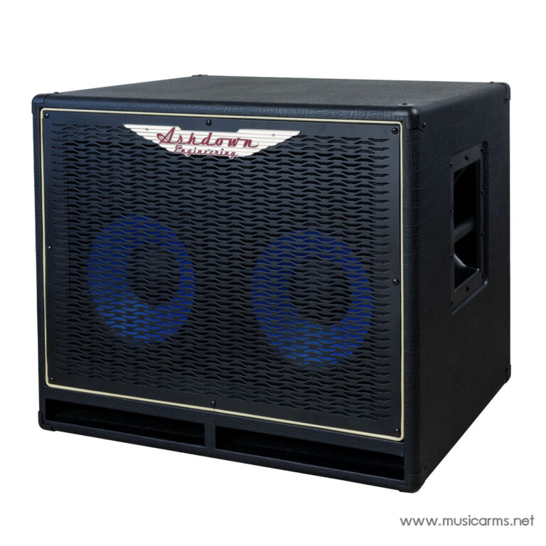 Ashdown Engineering guitar amplifier speaker cabinet with two blue-coned speakers behind a black perforated grille and a logo plate on the front panel ขายราคาพิเศษ