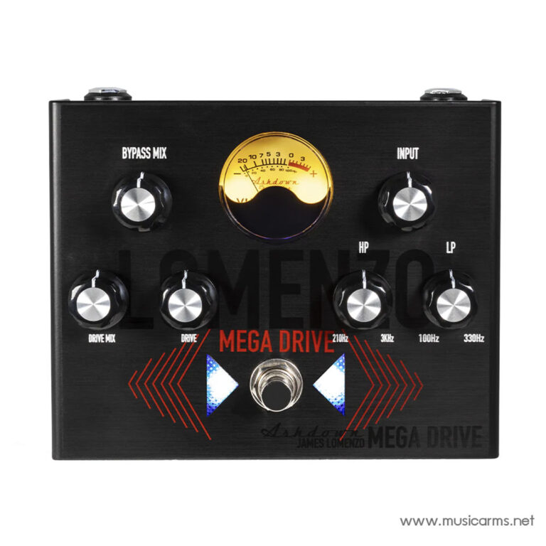 Ashdown Mega Drive guitar effects pedal front panel featuring multiple knobs, a large amber meter, and bold MEGA DRIVE branding on a black metal enclosure. ขายราคาพิเศษ