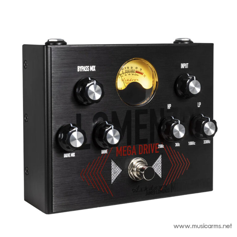 Black Mega Drive guitar effects pedal front panel with multiple knobs and a prominent yellow meter in the center. ขายราคาพิเศษ