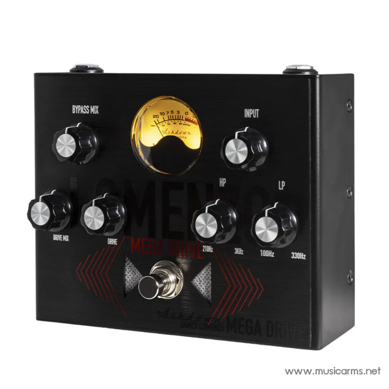 Black guitar effects pedal with six knobs around a central amber meter, labeled Bypass Mix, Input, Drive Mix, Drive, HP, and LP; red graphic arrows at bottom. ขายราคาพิเศษ