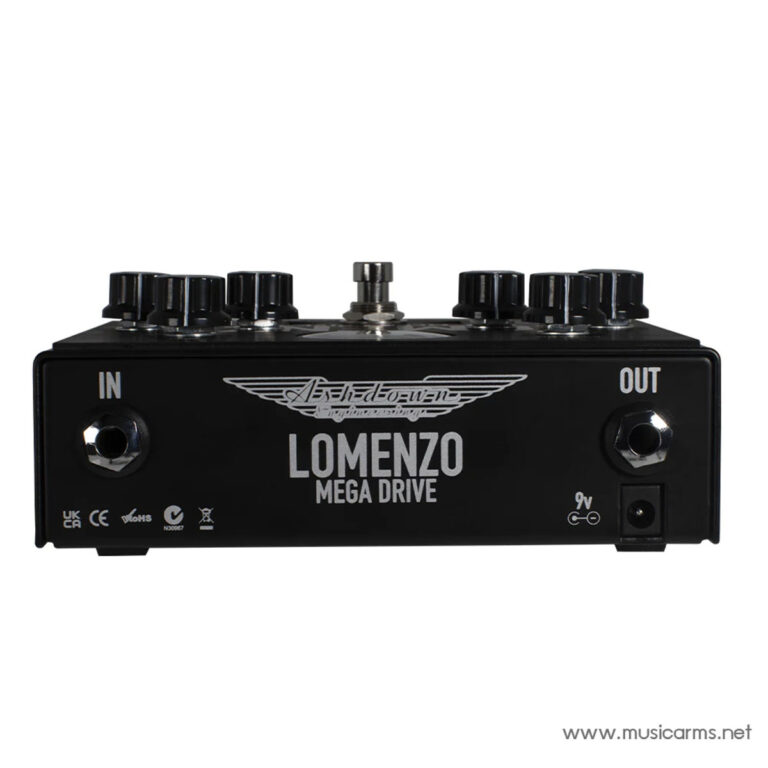 Black guitar effects pedal with 'LOMENZO MEGA DRIVE' branding, IN jack on left and OUT jack on right, 9V power input visible on bottom right. ขายราคาพิเศษ