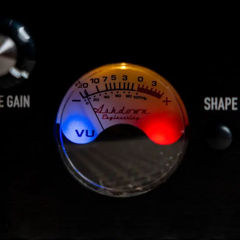 Close-up of an analog VU meter on a dark audio panel, with blue and red indicator lighting and the word 'VU' visible. ขายราคาพิเศษ