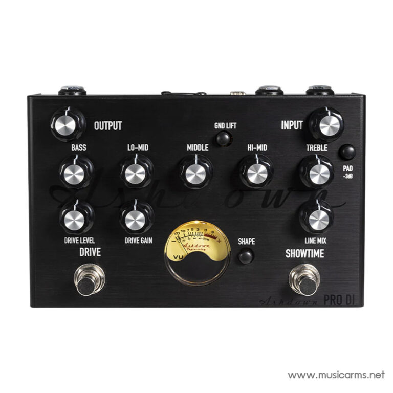 Black Ashdown bass preamp pedal front panel with multiple labeled knobs (Output, Input, Bass, Lo-Mid, Middle, Hi-Mid, Treble, Drive Level, Drive Gain, Shape, Line Mix) and a central gold VU meter. ขายราคาพิเศษ