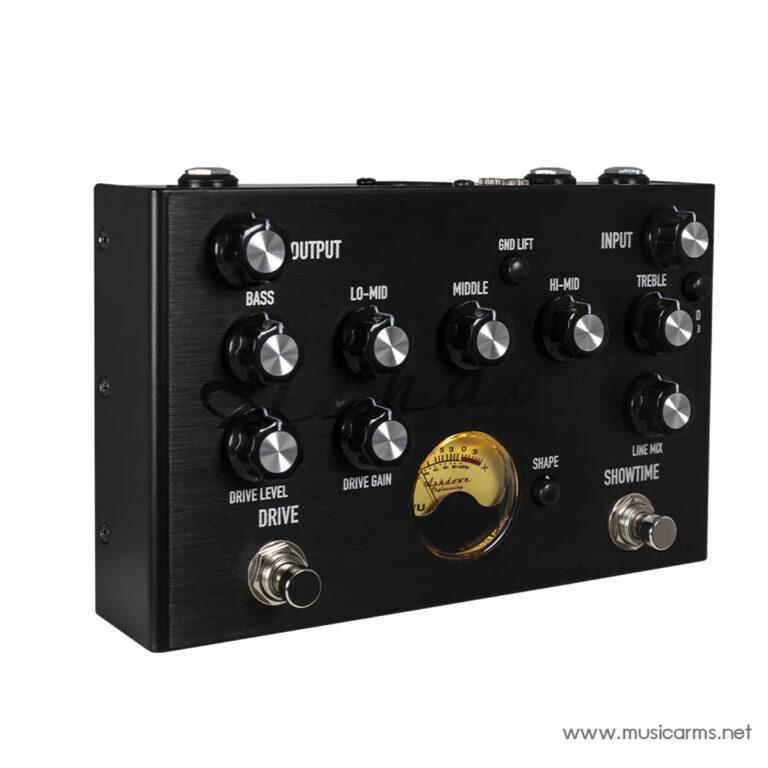 Black guitar effects pedal with multiple silver-knob controls (Drive, Bass, Lo-Mid, Middle, Hi-Mid, Treble) and a yellow drive meter; inputs/outputs labeled on the face. ขายราคาพิเศษ