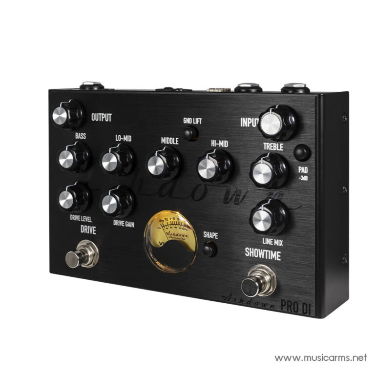 Front view of a black Ashdown Pro DI bass preamp pedal with numerous silver knobs, a large yellow meter, and labeled inputs/outputs on the panel ขายราคาพิเศษ