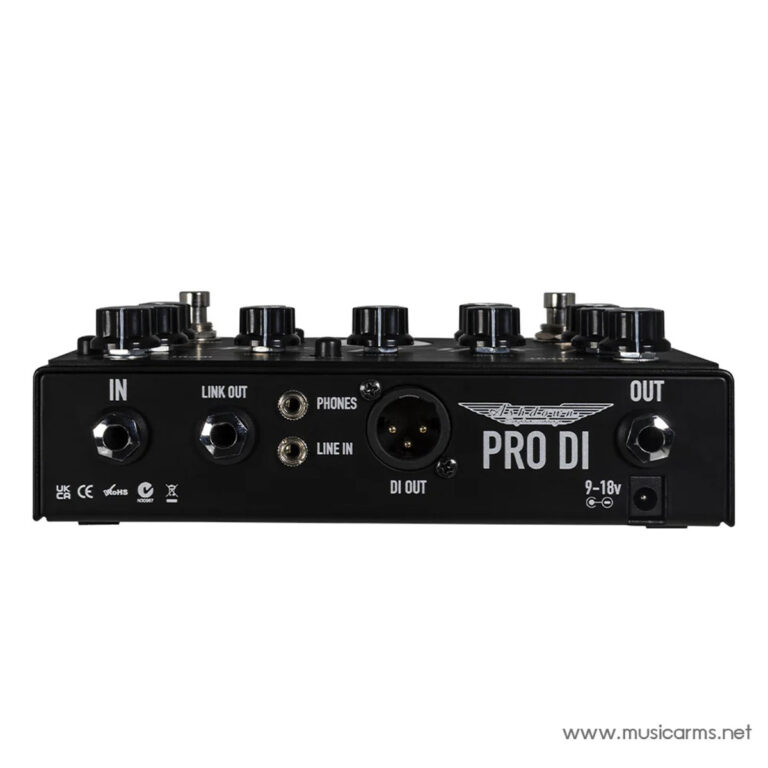 Front panel of a black Pro DI pedal with IN, OUT, LINE IN, DI OUT, PHONES, and LINK OUT jacks and multiple knobs on top ขายราคาพิเศษ