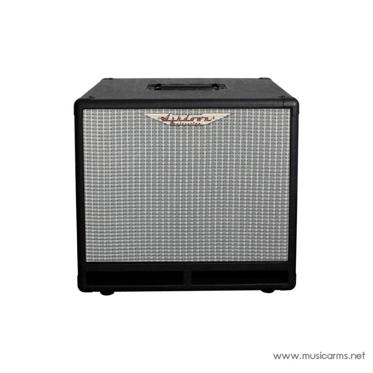 Black guitar amplifier cabinet with a silver checkered grille and a centered logo at the top edge on a white background. ขายราคาพิเศษ