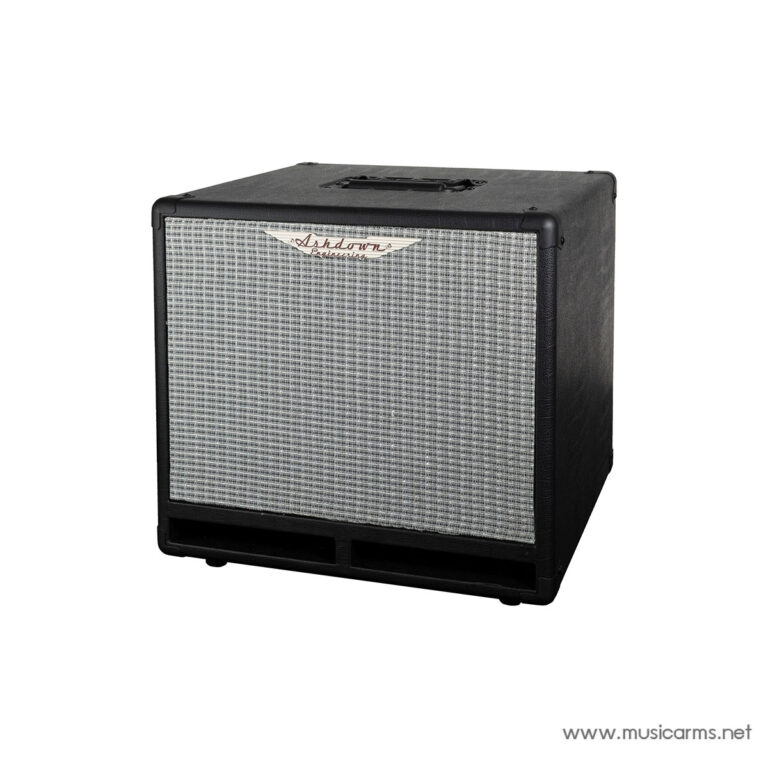 Black guitar/bass amplifier cabinet with a silver grille, logo on the front, and a top handle on white background. ขายราคาพิเศษ