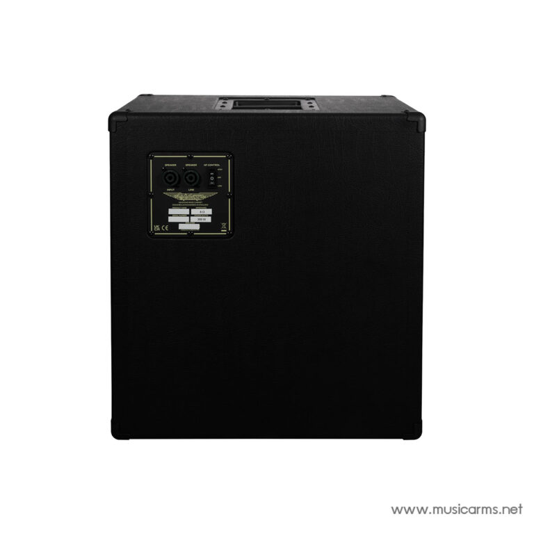 Back view of a black guitar speaker cabinet with a recessed control panel showing input jacks and power switch on a textured surface. Watermark www.musicarms.net in the corner. ขายราคาพิเศษ