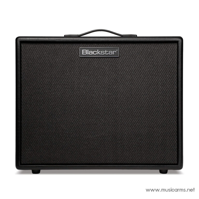 Front view of a Blackstar guitar amplifier cabinet with a textured black grille and top handle on a white background. ขายราคาพิเศษ