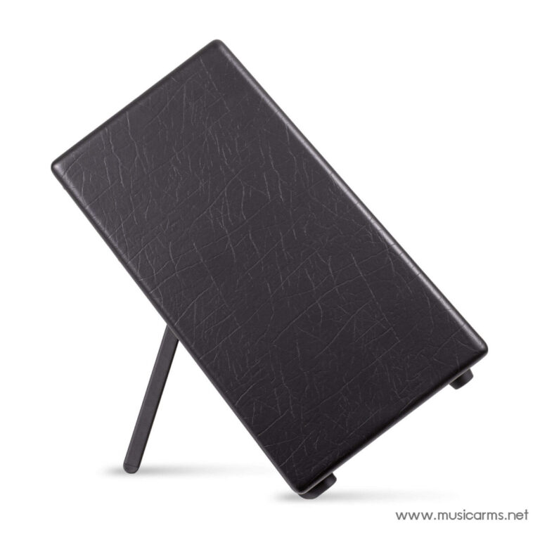 Closed black leather notebook or portfolio with a built-in stand prop, shown on a white background. ขายราคาพิเศษ