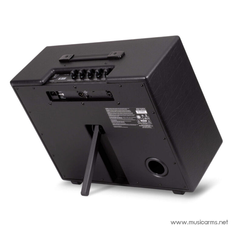 Rear view of a black guitar amplifier cabinet with control panel and speaker port, on a stand. ขายราคาพิเศษ
