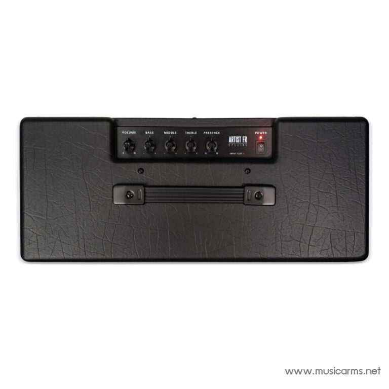 Rear view of a black guitar amplifier showing the control panel with Volume, Bass, Middle, Treble, Presence knobs and a powered-on switch with red LED. ขายราคาพิเศษ