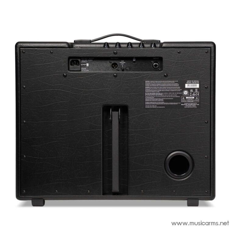 Back view of a black guitar amplifier cabinet with textured tolex, showing the power input, control panel, and a large round speaker port on the right side. ขายราคาพิเศษ
