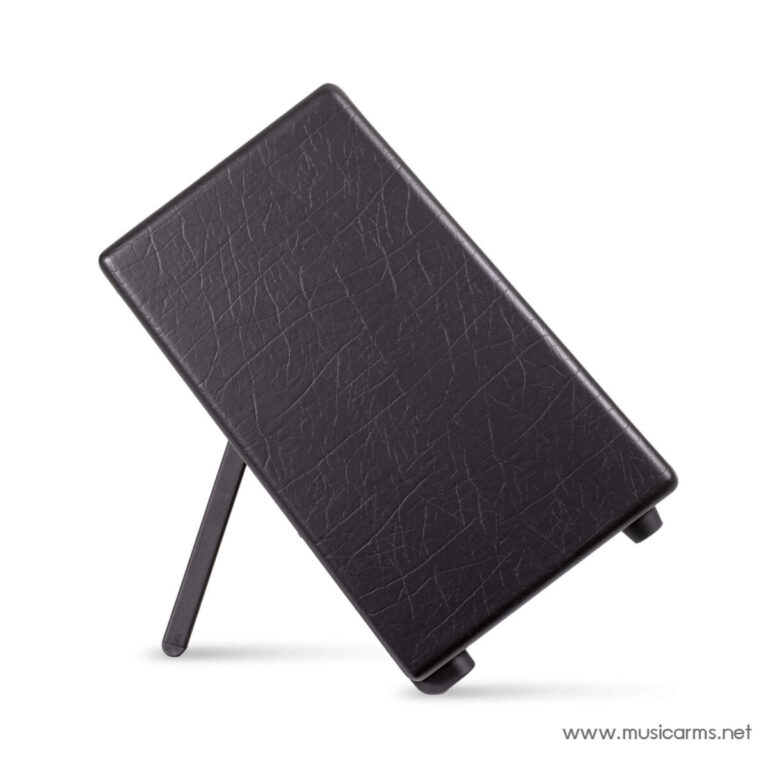 Black leather folio-style notebook/tablet case on a built-in stand, angled upright with a small supporting leg visible. ขายราคาพิเศษ